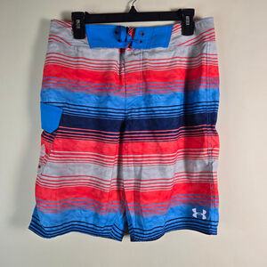 Men's Under Armour Striped Board Shorts 32 Red Blue